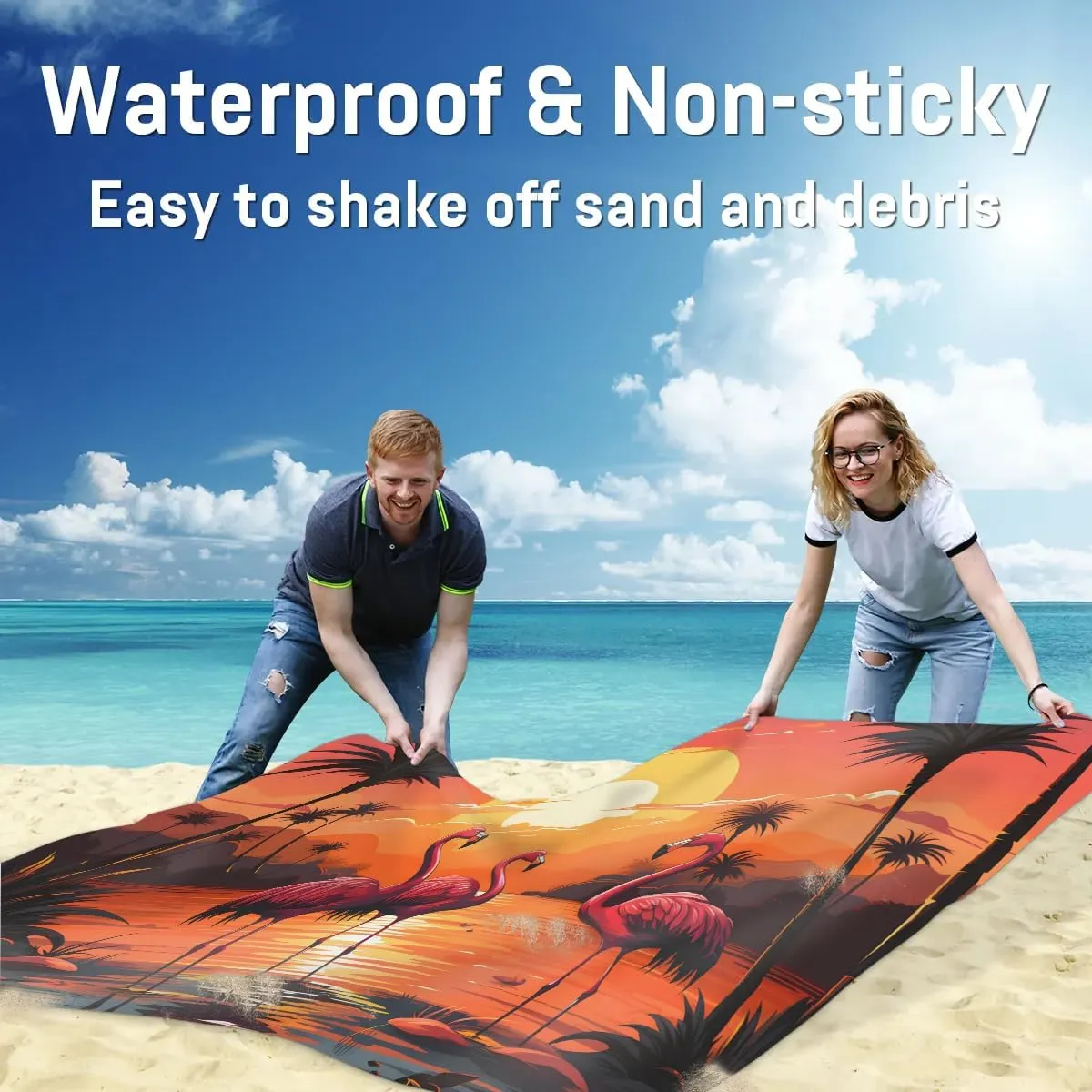 Beach Blanket, Beach Sandproof Beach Mat, Waterproof Quick Drying Sand Free Mat with 4 x Ground Spikes for Outdoor Travel Camping Hiking, Tropical Flamingos 68 x 59 in