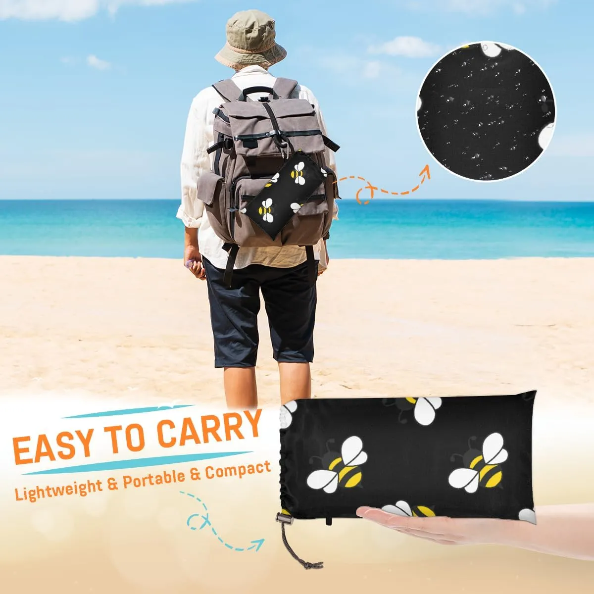 Beach Blanket, Bee Sandproof Beach Mat, Waterproof Quick Drying Sand Free Mat with 4 x Ground Spikes for Outdoor Travel Camping Hiking, Animal Bee 68 x 59 in
