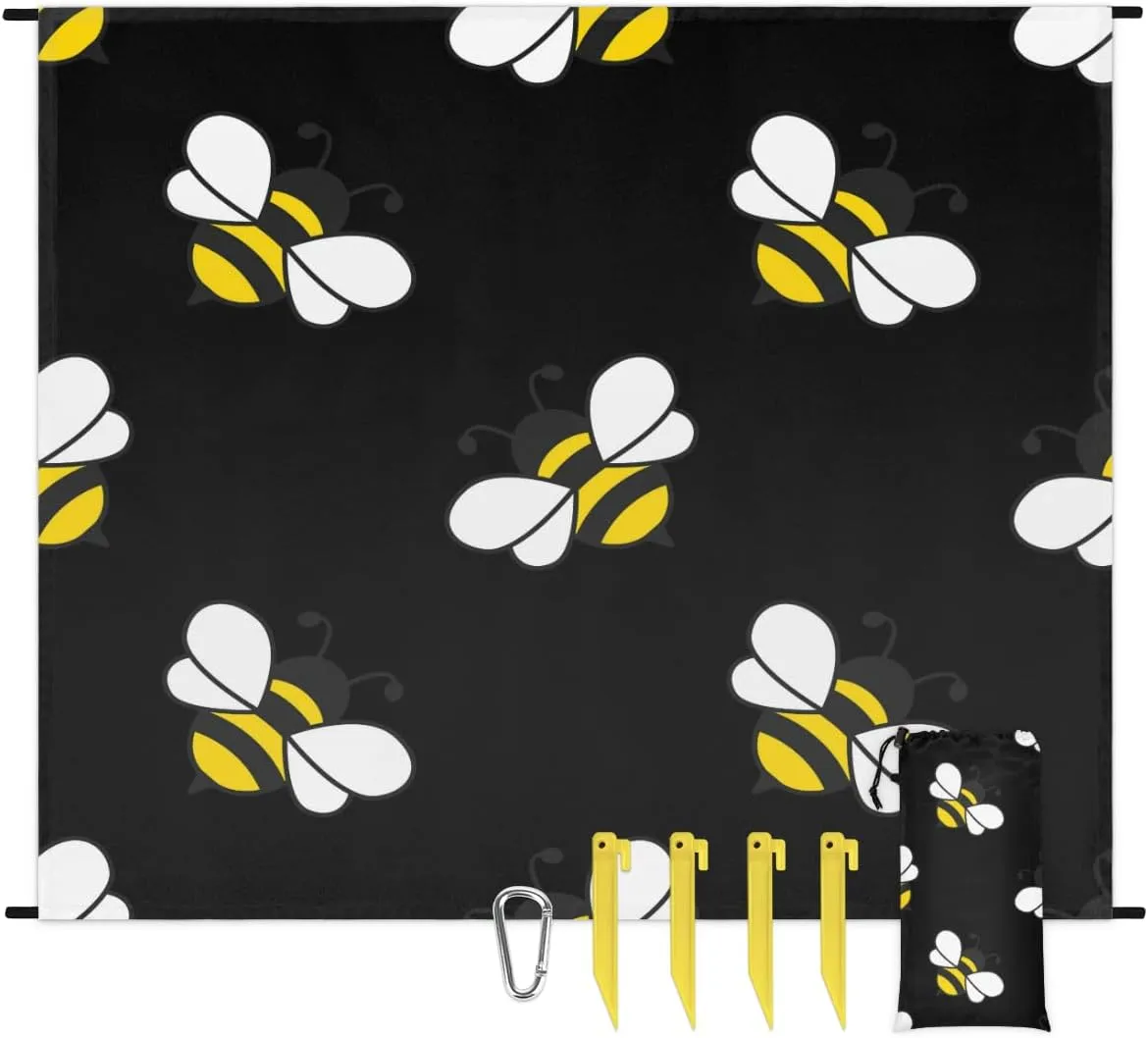 Beach Blanket, Bee Sandproof Beach Mat, Waterproof Quick Drying Sand Free Mat with 4 x Ground Spikes for Outdoor Travel Camping Hiking, Animal Bee 68 x 59 in