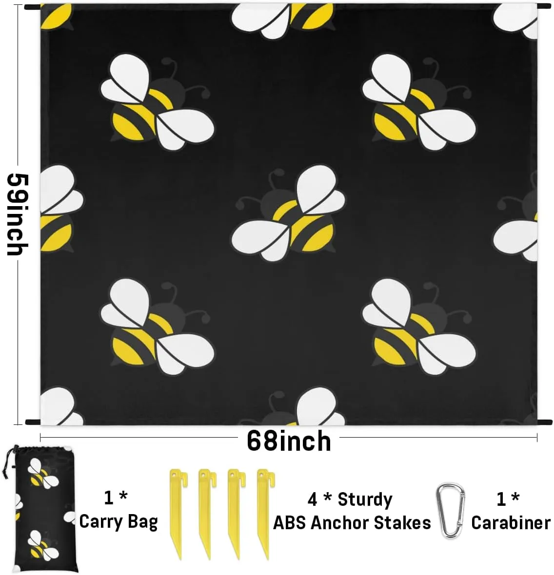 Beach Blanket, Bee Sandproof Beach Mat, Waterproof Quick Drying Sand Free Mat with 4 x Ground Spikes for Outdoor Travel Camping Hiking, Animal Bee 68 x 59 in