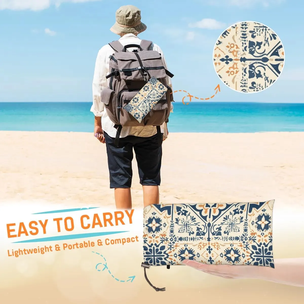 Beach Blanket, Bohemian Sandproof Beach Mat, Waterproof Quick Drying Sand Free Mat with 4 x Ground Spikes for Outdoor Travel Camping Hiking, Boho 68 x 59 in