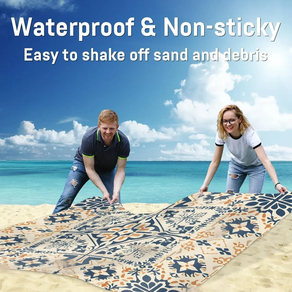 Beach Blanket, Bohemian Sandproof Beach Mat, Waterproof Quick Drying Sand Free Mat with 4 x Ground Spikes for Outdoor Travel Camping Hiking, Boho 68 x 59 in