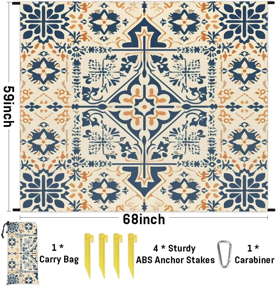 Beach Blanket, Bohemian Sandproof Beach Mat, Waterproof Quick Drying Sand Free Mat with 4 x Ground Spikes for Outdoor Travel Camping Hiking, Boho 68 x 59 in