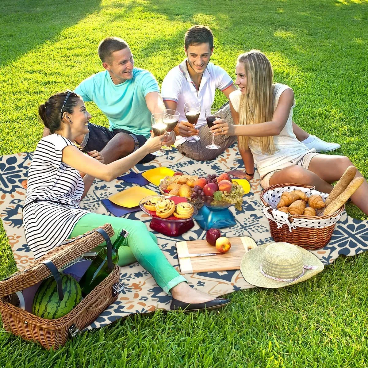 Beach Blanket, Bohemian Sandproof Beach Mat, Waterproof Quick Drying Sand Free Mat with 4 x Ground Spikes for Outdoor Travel Camping Hiking, Boho 68 x 59 in