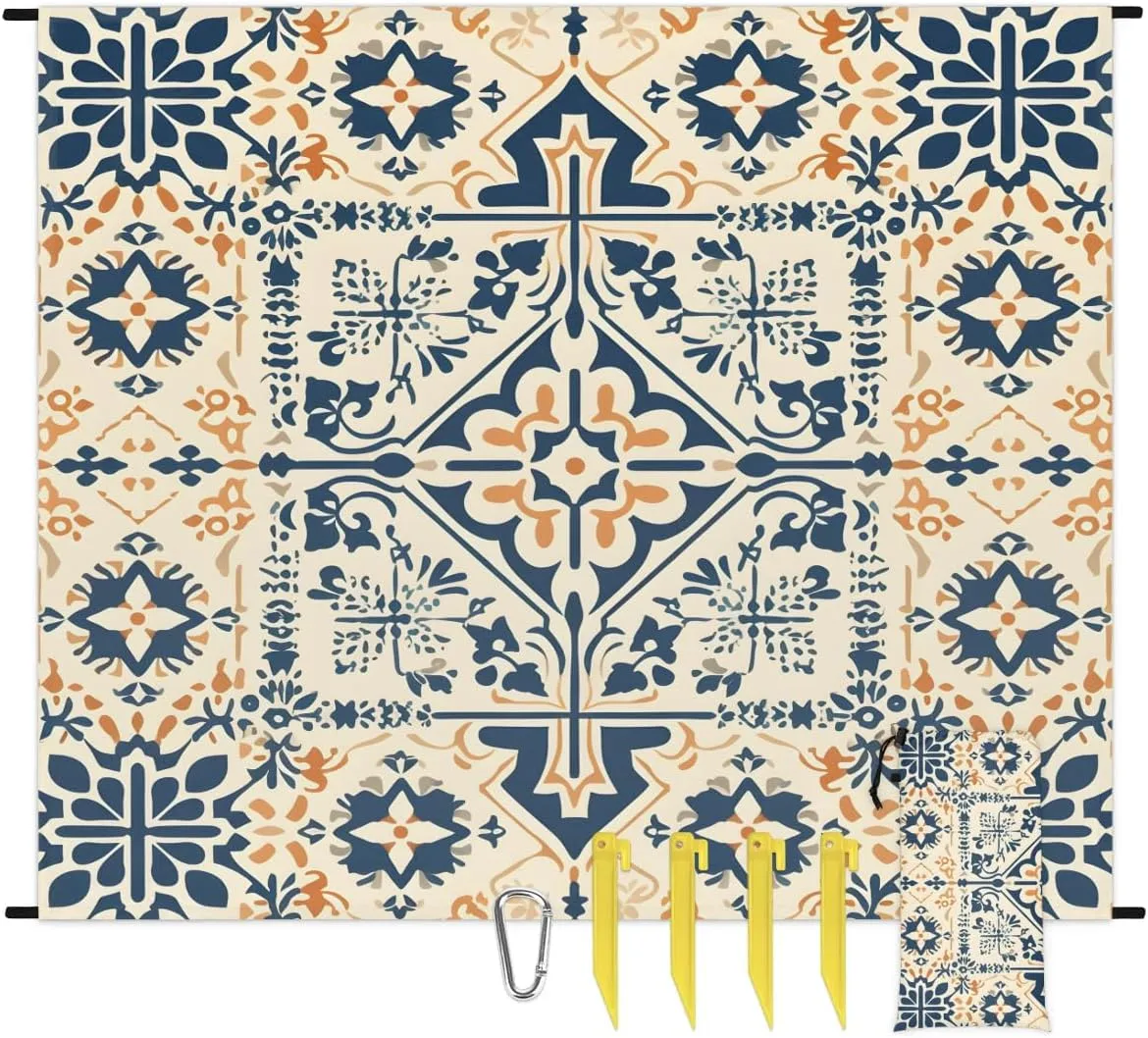 Beach Blanket, Bohemian Sandproof Beach Mat, Waterproof Quick Drying Sand Free Mat with 4 x Ground Spikes for Outdoor Travel Camping Hiking, Boho 68 x 59 in