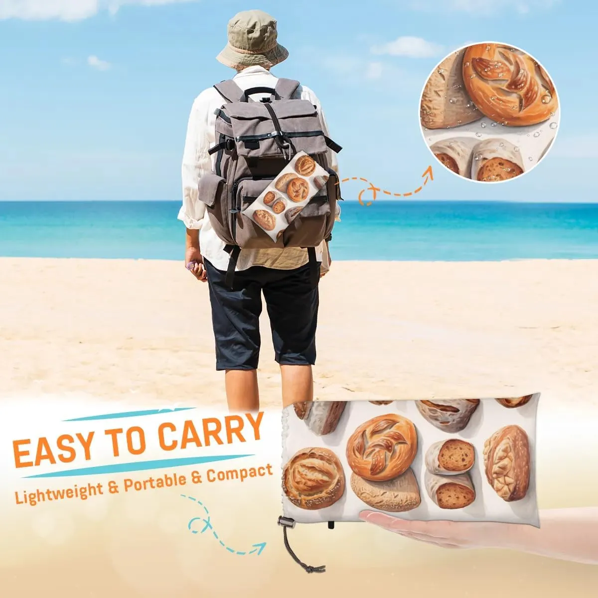 Beach Blanket, Bread Sandproof Beach Mat, Waterproof Quick Drying Sand Free Mat with 4 x Ground Spikes for Outdoor Travel Camping Hiking, Toast Bread 68 x 59 in
