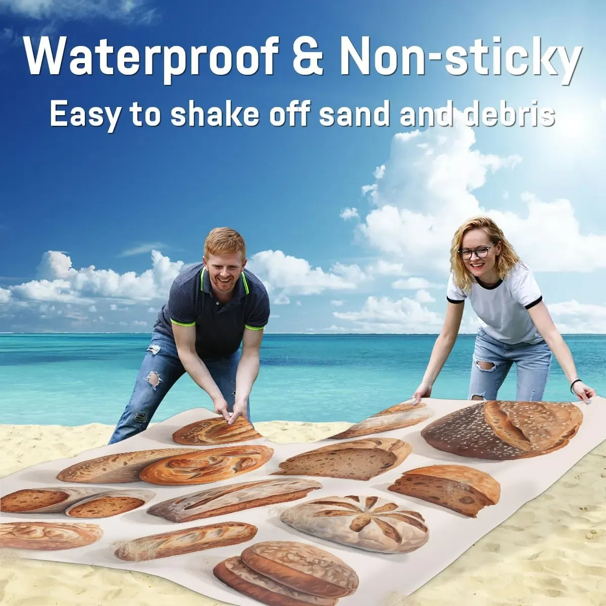 Beach Blanket, Bread Sandproof Beach Mat, Waterproof Quick Drying Sand Free Mat with 4 x Ground Spikes for Outdoor Travel Camping Hiking, Toast Bread 68 x 59 in