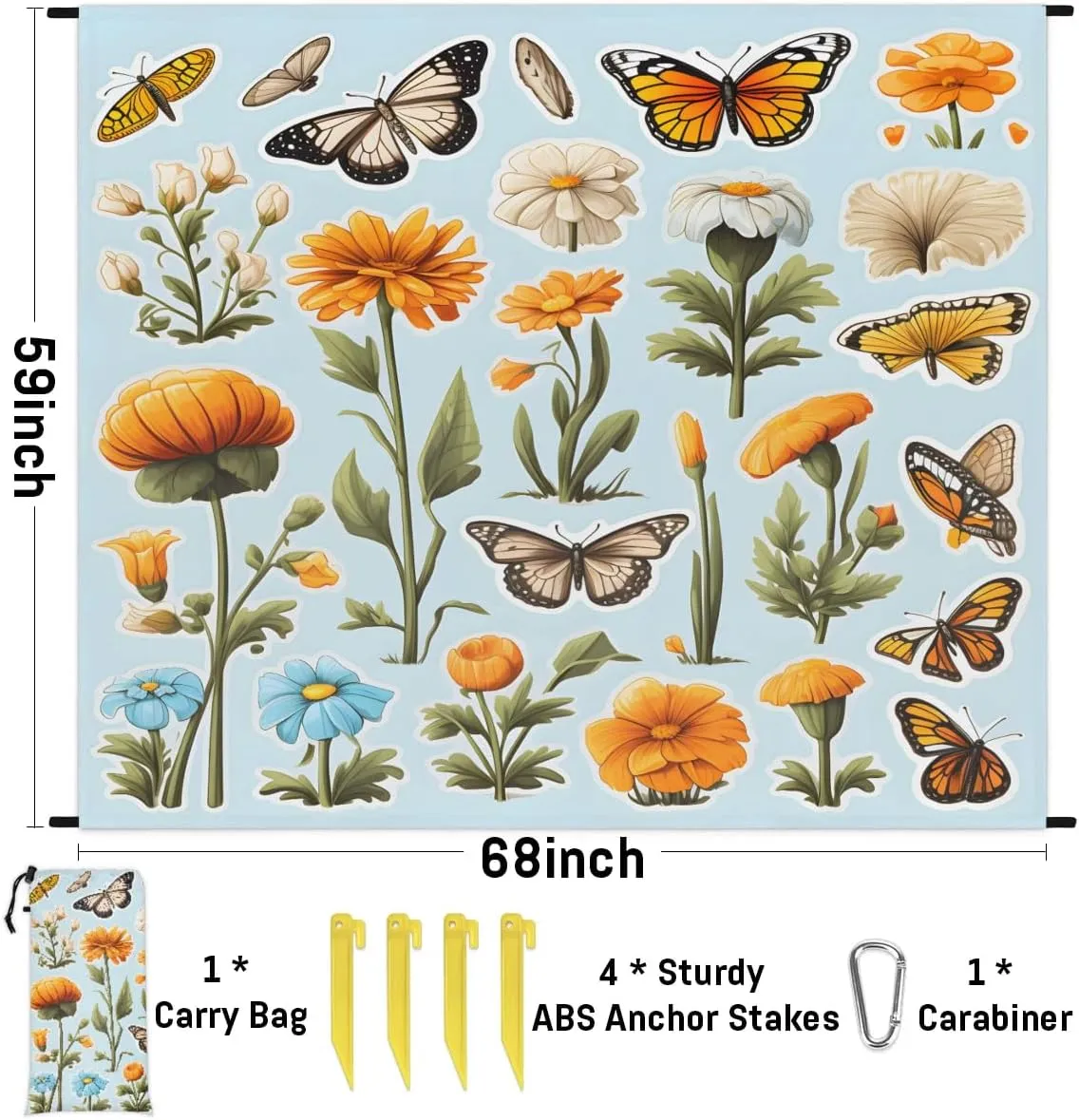 Beach Blanket, Butterfly Floral Sandproof Beach Mat, Waterproof Quick Drying Sand Free Mat with 4 x Ground Spikes for Outdoor Travel Camping Hiking, Watercolor Flower 68 x 59 in