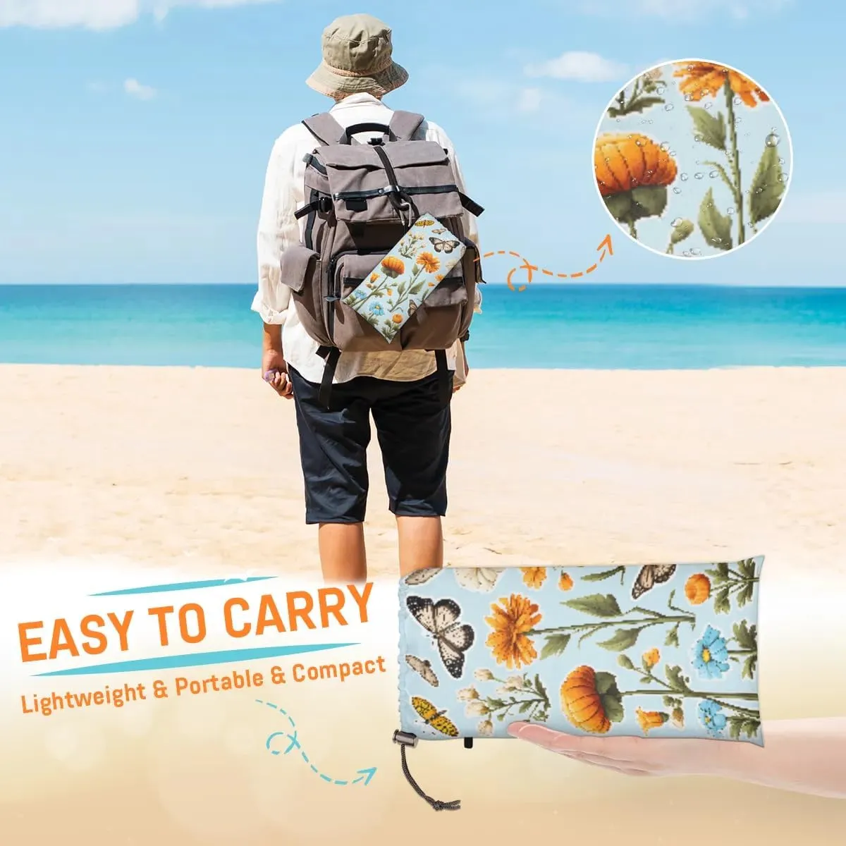 Beach Blanket, Butterfly Floral Sandproof Beach Mat, Waterproof Quick Drying Sand Free Mat with 4 x Ground Spikes for Outdoor Travel Camping Hiking, Watercolor Flower 68 x 59 in