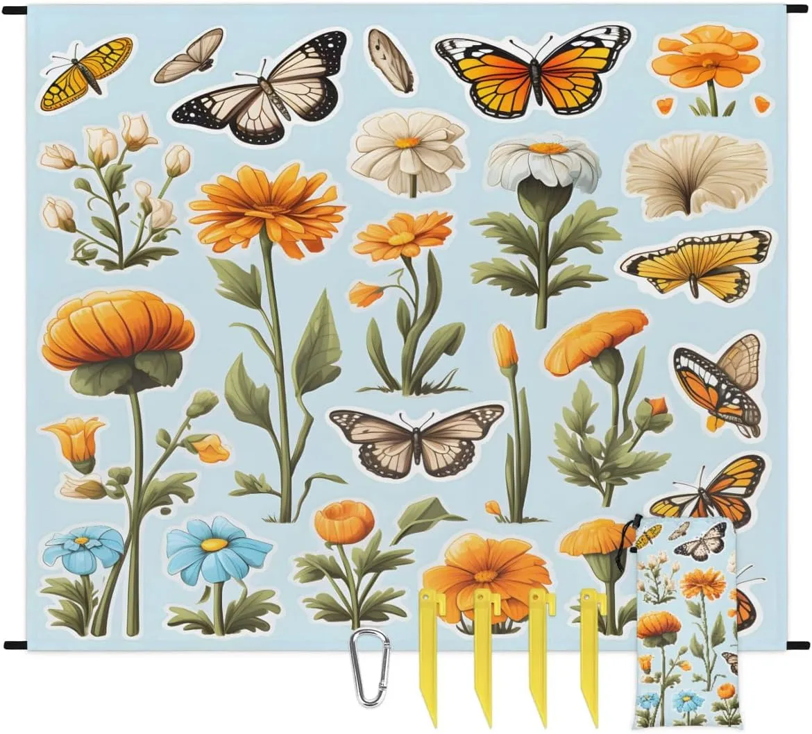 Beach Blanket, Butterfly Floral Sandproof Beach Mat, Waterproof Quick Drying Sand Free Mat with 4 x Ground Spikes for Outdoor Travel Camping Hiking, Watercolor Flower 68 x 59 in