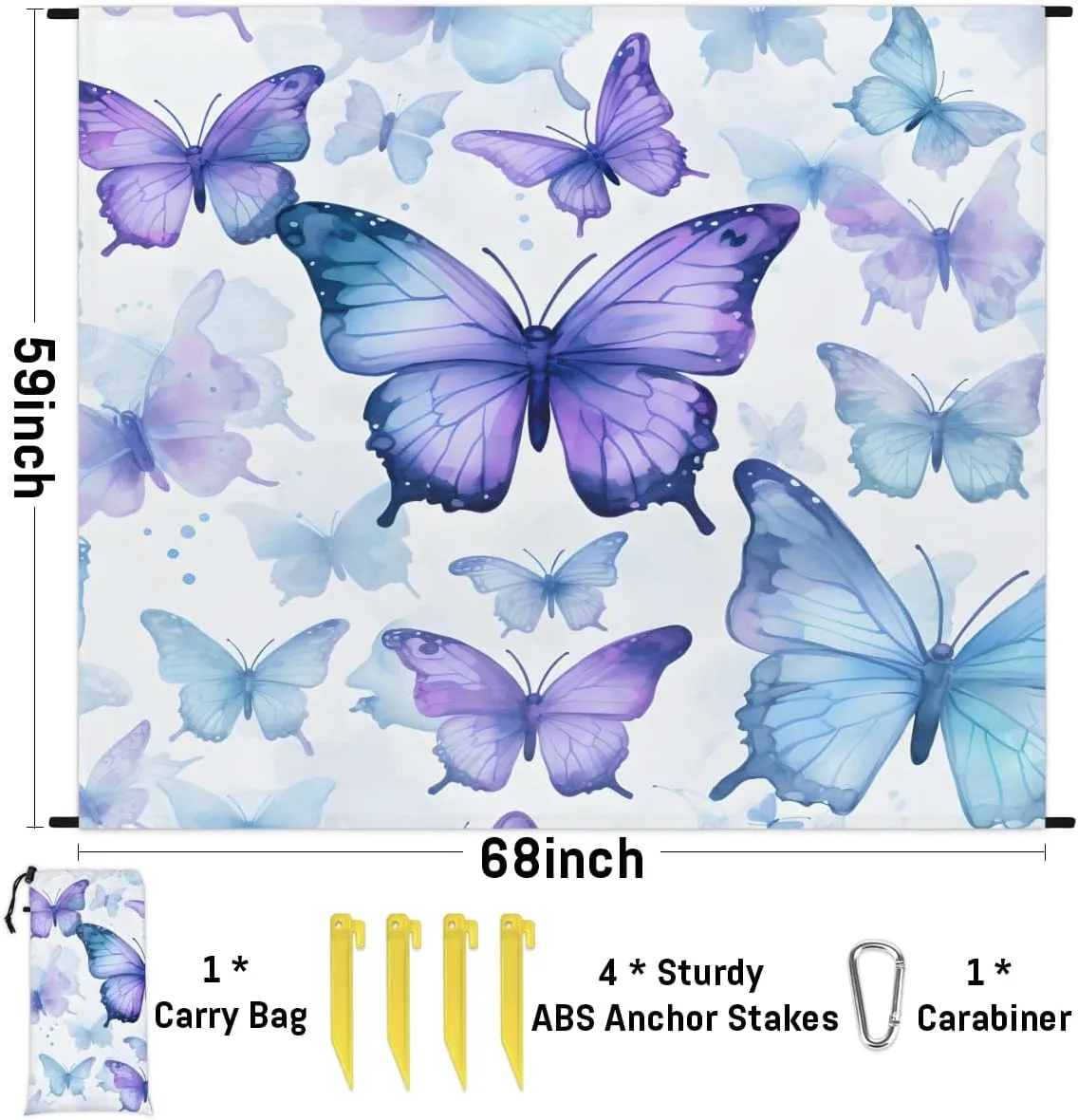 Beach Blanket, Butterfly Sandproof Beach Mat, Waterproof Quick Drying Sand Free Mat with 4 x Ground Spikes for Outdoor Travel Camping Hiking, Butterfly 68 x 59 in