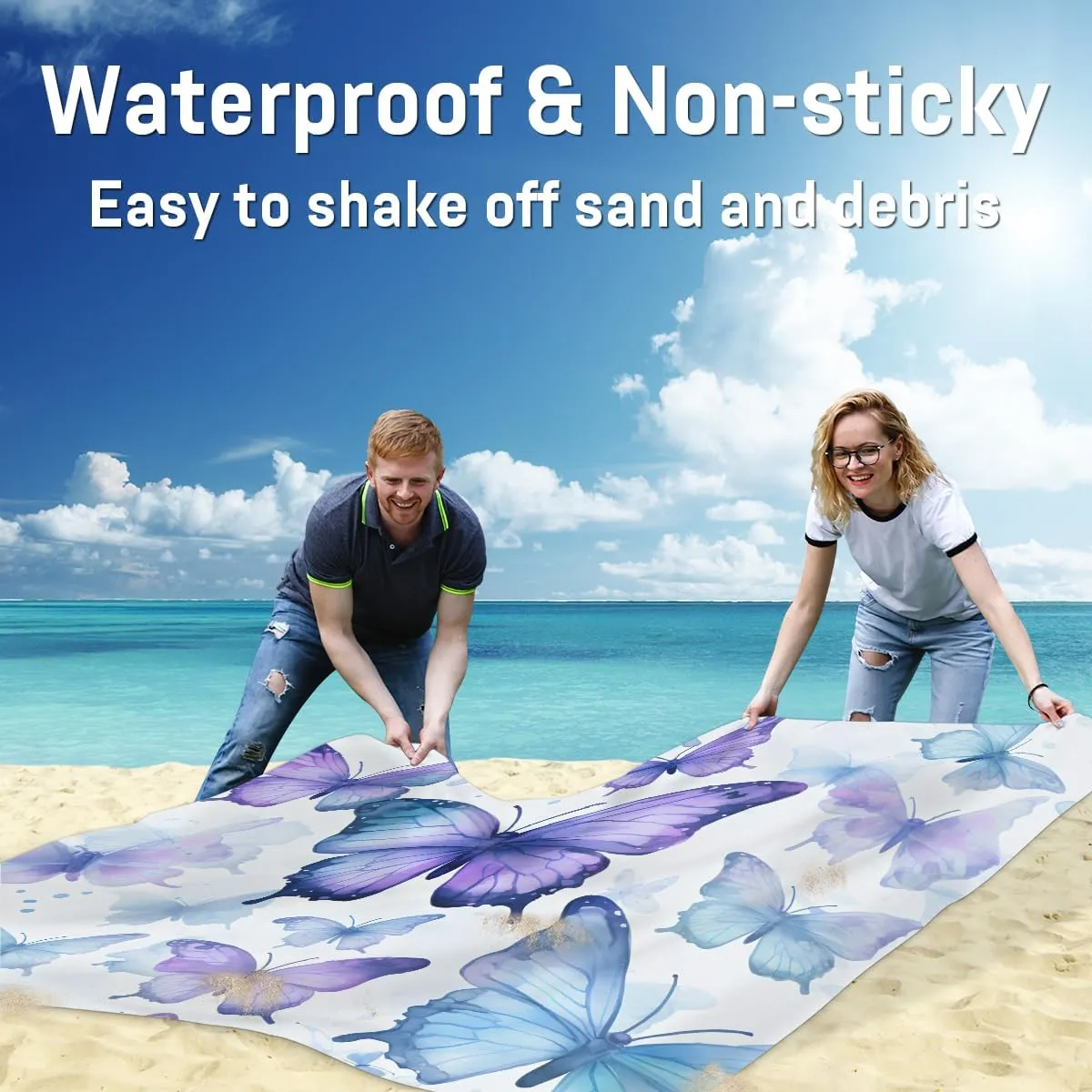 Beach Blanket, Butterfly Sandproof Beach Mat, Waterproof Quick Drying Sand Free Mat with 4 x Ground Spikes for Outdoor Travel Camping Hiking, Butterfly 68 x 59 in