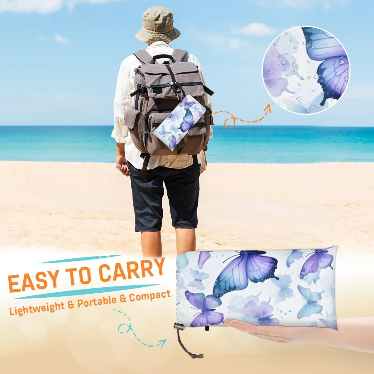 Beach Blanket, Butterfly Sandproof Beach Mat, Waterproof Quick Drying Sand Free Mat with 4 x Ground Spikes for Outdoor Travel Camping Hiking, Butterfly 68 x 59 in