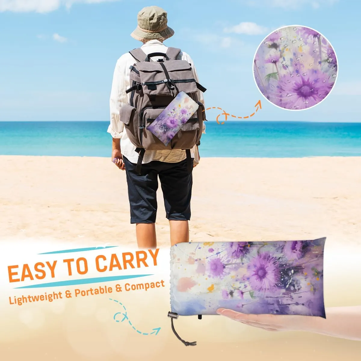 Beach Blanket, Butterfly Sandproof Beach Mat, Waterproof Quick Drying Sand Free Mat with 4 x Ground Spikes for Outdoor Travel Camping Hiking, Butterfly Flowers 68 x 59 in