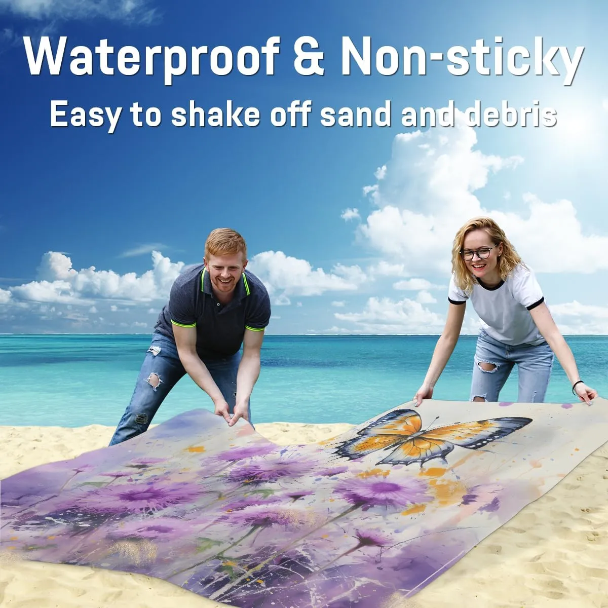Beach Blanket, Butterfly Sandproof Beach Mat, Waterproof Quick Drying Sand Free Mat with 4 x Ground Spikes for Outdoor Travel Camping Hiking, Butterfly Flowers 68 x 59 in