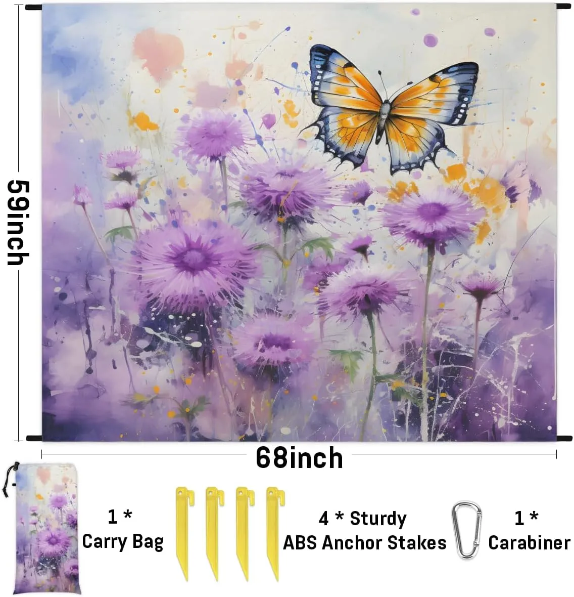 Beach Blanket, Butterfly Sandproof Beach Mat, Waterproof Quick Drying Sand Free Mat with 4 x Ground Spikes for Outdoor Travel Camping Hiking, Butterfly Flowers 68 x 59 in