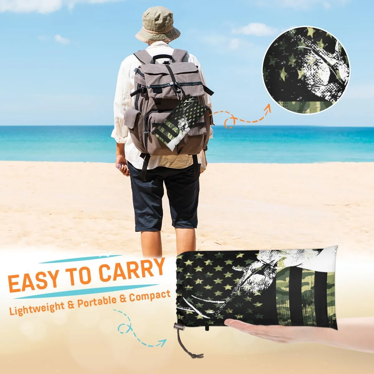 Beach Blanket, Camo Deer Sandproof Beach Mat, Waterproof Quick Drying Sand Free Mat with 4 x Ground Spikes for Outdoor Travel Camping Hiking, American Flag 68 x 59 in