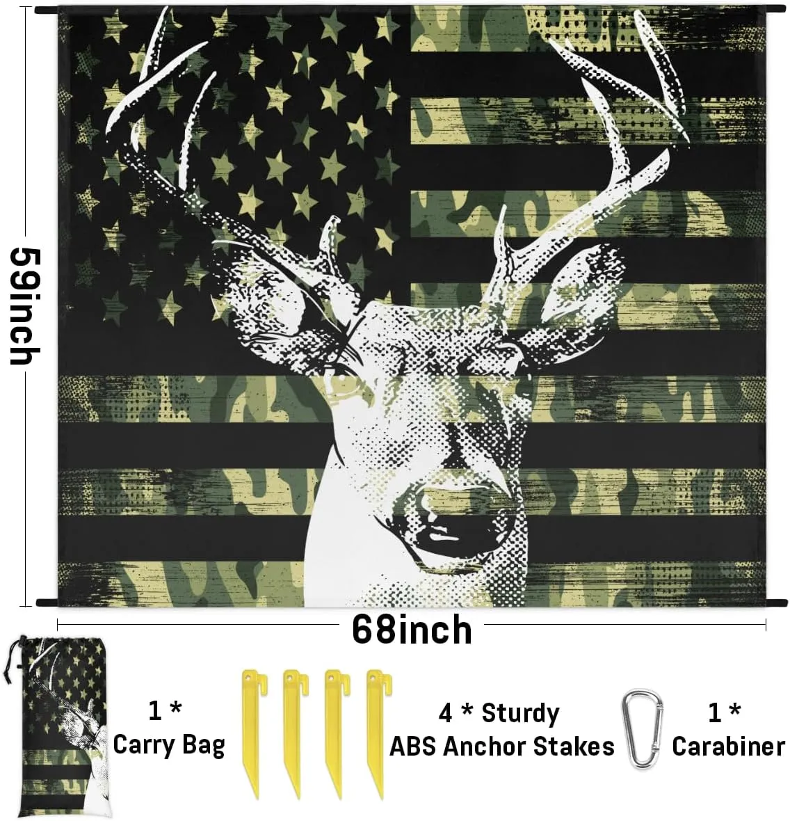 Beach Blanket, Camo Deer Sandproof Beach Mat, Waterproof Quick Drying Sand Free Mat with 4 x Ground Spikes for Outdoor Travel Camping Hiking, American Flag 68 x 59 in