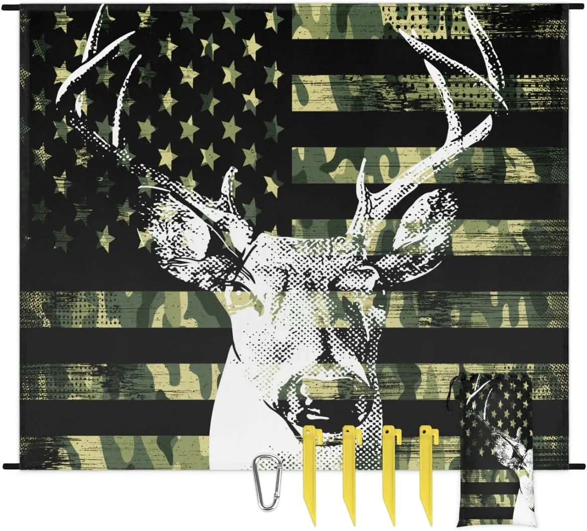 Beach Blanket, Camo Deer Sandproof Beach Mat, Waterproof Quick Drying Sand Free Mat with 4 x Ground Spikes for Outdoor Travel Camping Hiking, American Flag 68 x 59 in