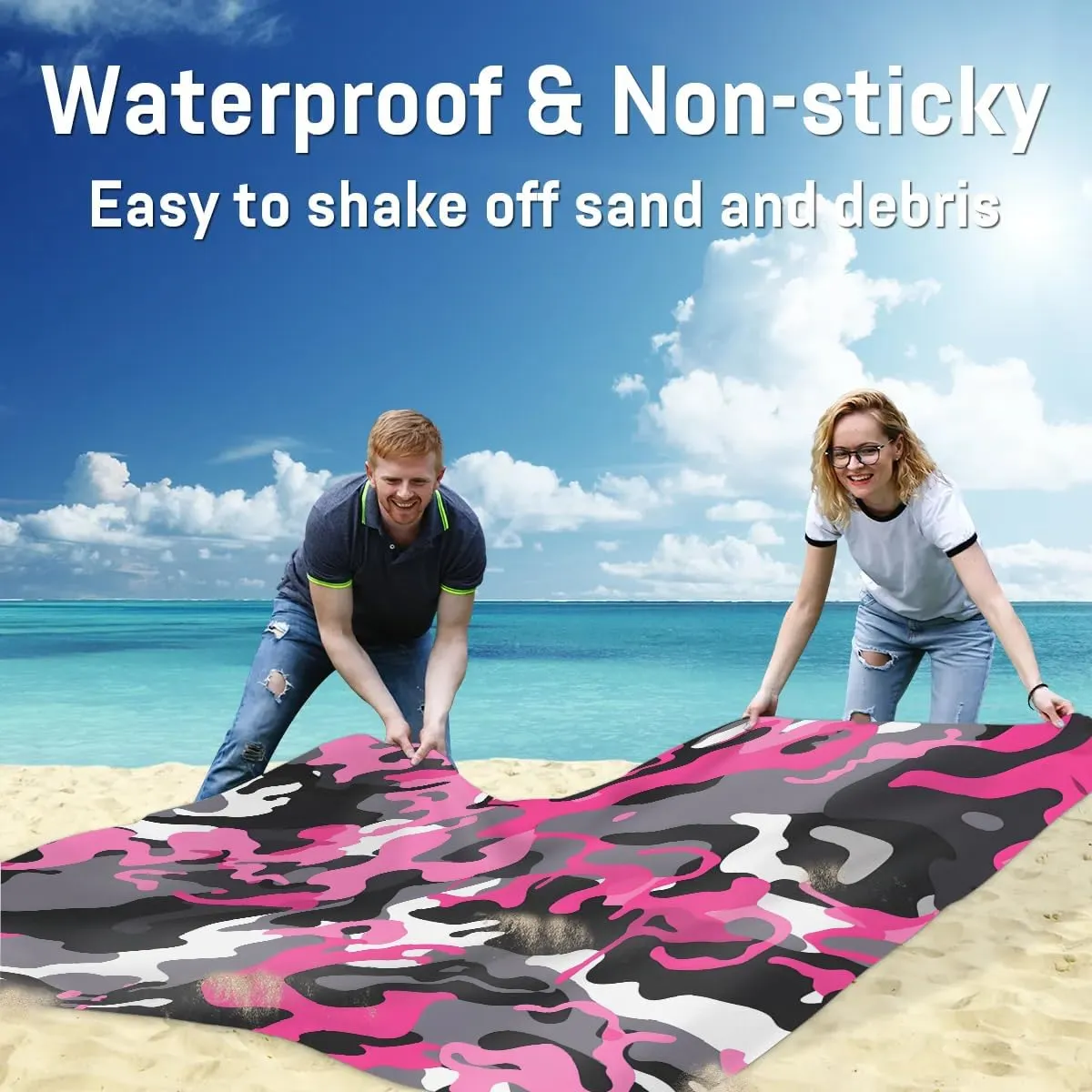 Beach Blanket, Camo Sandproof Beach Mat, Waterproof Quick Drying Sand Free Mat with 4 x Ground Spikes for Outdoor Travel Camping Hiking, Abstract Camo 68 x 59 in