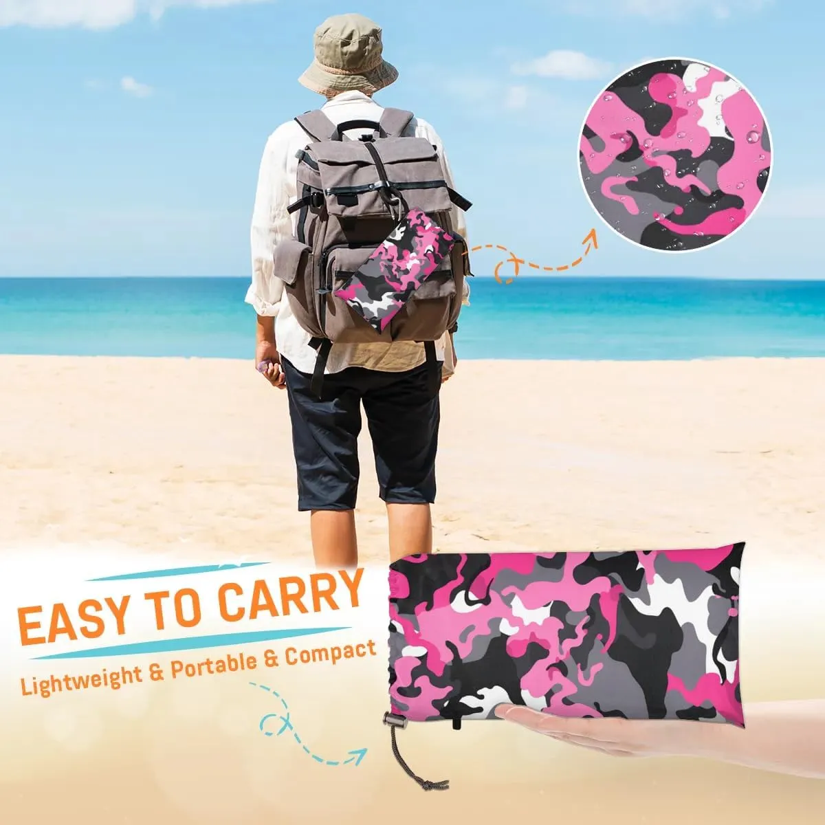 Beach Blanket, Camo Sandproof Beach Mat, Waterproof Quick Drying Sand Free Mat with 4 x Ground Spikes for Outdoor Travel Camping Hiking, Abstract Camo 68 x 59 in