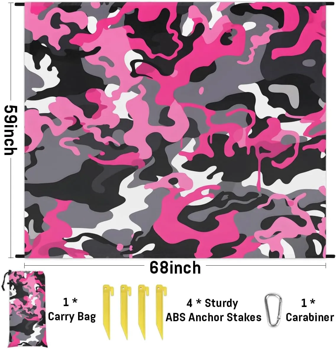 Beach Blanket, Camo Sandproof Beach Mat, Waterproof Quick Drying Sand Free Mat with 4 x Ground Spikes for Outdoor Travel Camping Hiking, Abstract Camo 68 x 59 in