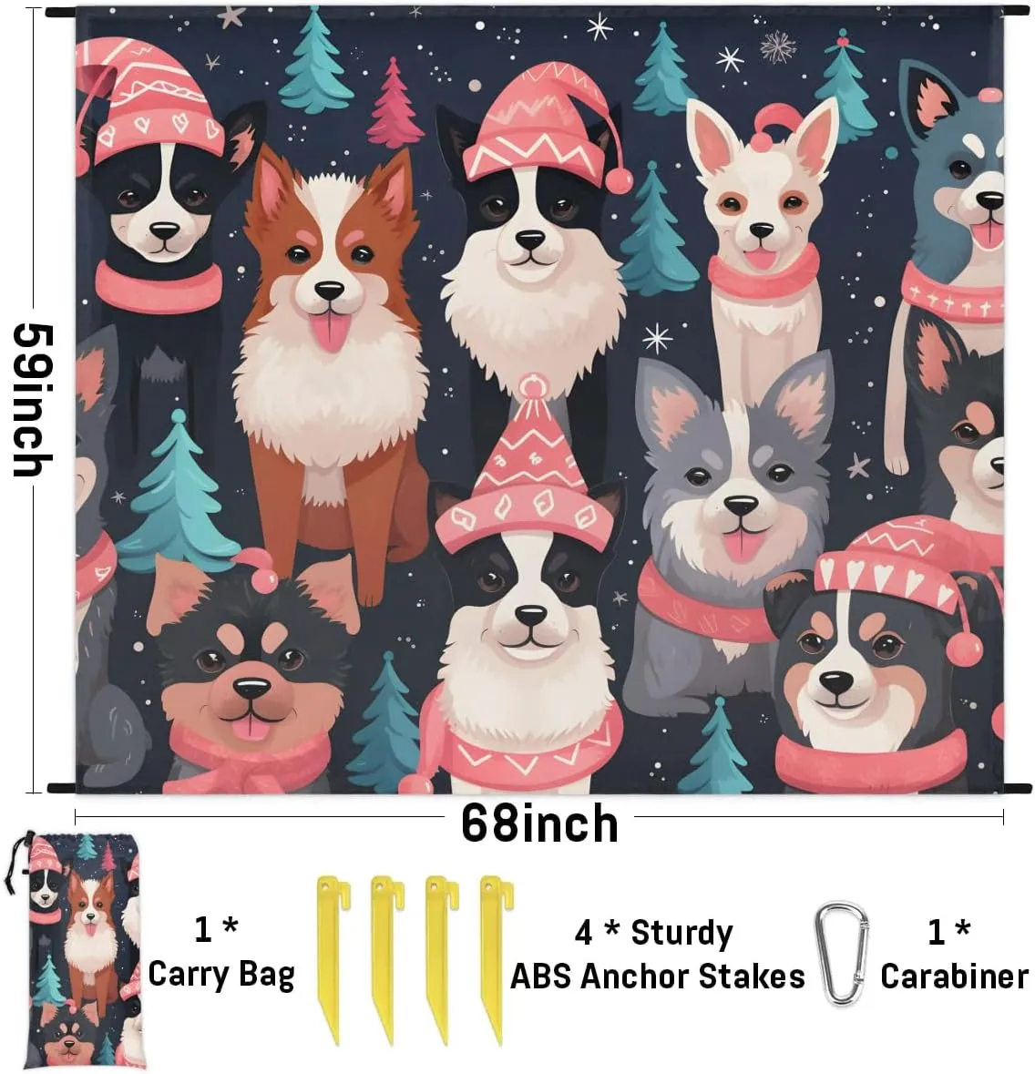 Beach Blanket, Christmas Day Sandproof Beach Mat, Waterproof Quick Drying Sand Free Mat with 4 x Ground Spikes for Outdoor Travel Camping Hiking, Dogs 68 x 59 in