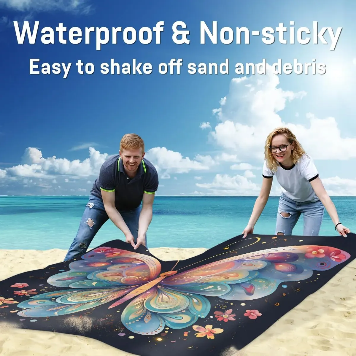 Beach Blanket, Colorful Butterfly Sandproof Beach Mat, Waterproof Quick Drying Sand Free Mat with 4 x Ground Spikes for Outdoor Travel Camping Hiking, Watercolor Butterfly 68 x 59 in