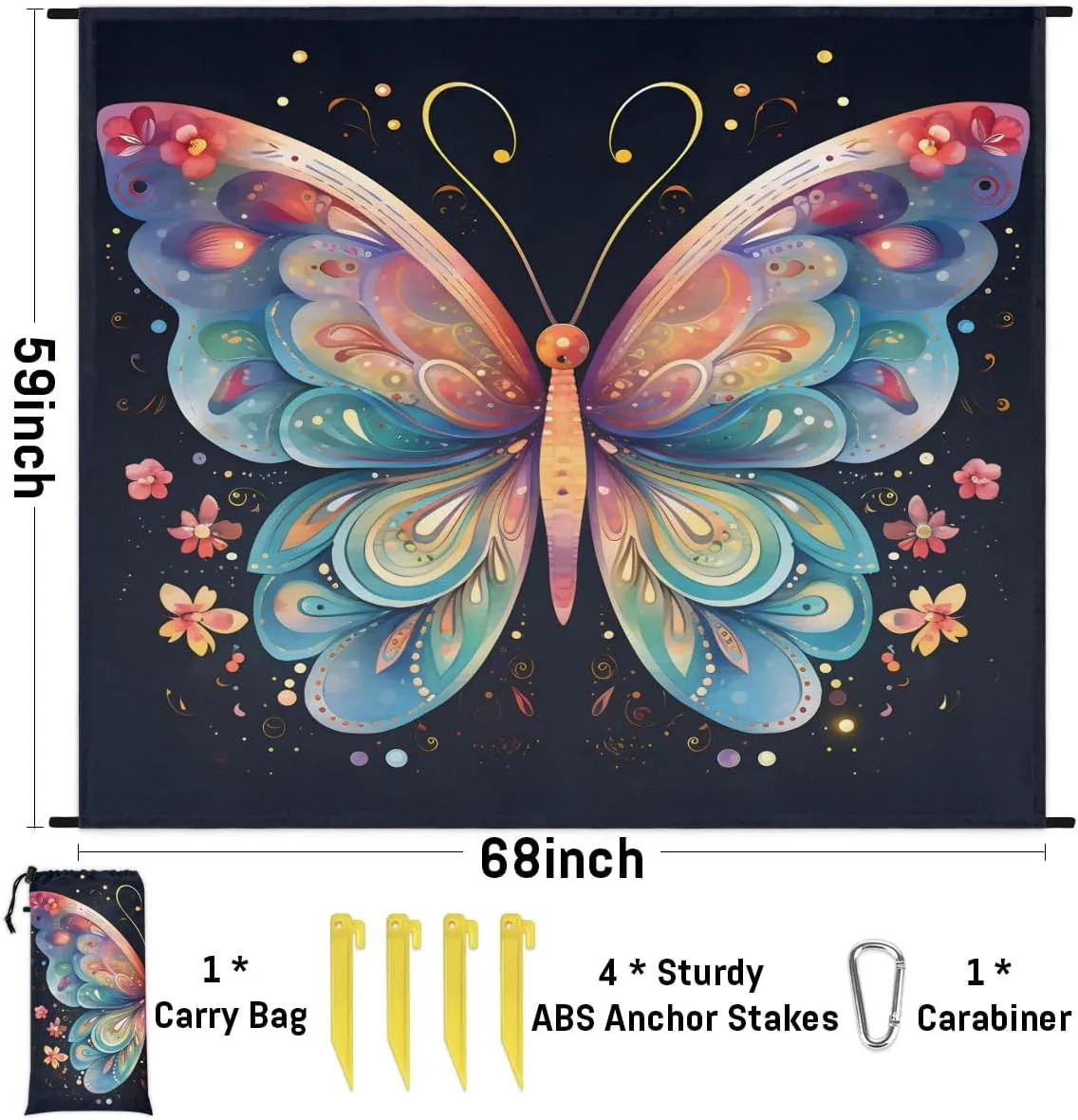 Beach Blanket, Colorful Butterfly Sandproof Beach Mat, Waterproof Quick Drying Sand Free Mat with 4 x Ground Spikes for Outdoor Travel Camping Hiking, Watercolor Butterfly 68 x 59 in