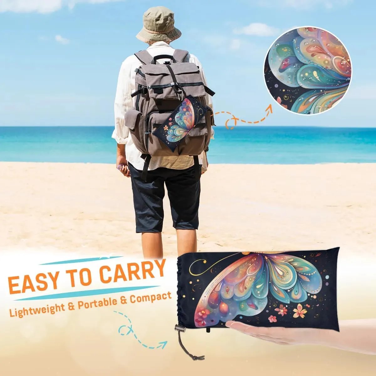 Beach Blanket, Colorful Butterfly Sandproof Beach Mat, Waterproof Quick Drying Sand Free Mat with 4 x Ground Spikes for Outdoor Travel Camping Hiking, Watercolor Butterfly 68 x 59 in