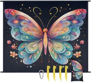 Beach Blanket, Colorful Butterfly Sandproof Beach Mat, Waterproof Quick Drying Sand Free Mat with 4 x Ground Spikes for Outdoor Travel Camping Hiking, Watercolor Butterfly 68 x 59 in