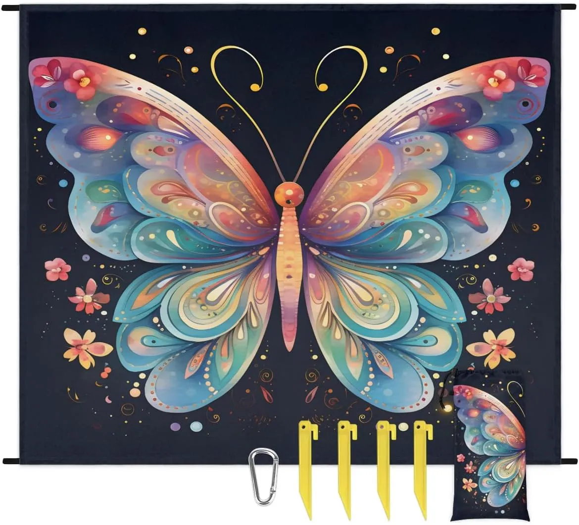 Beach Blanket, Colorful Butterfly Sandproof Beach Mat, Waterproof Quick Drying Sand Free Mat with 4 x Ground Spikes for Outdoor Travel Camping Hiking, Watercolor Butterfly 68 x 59 in