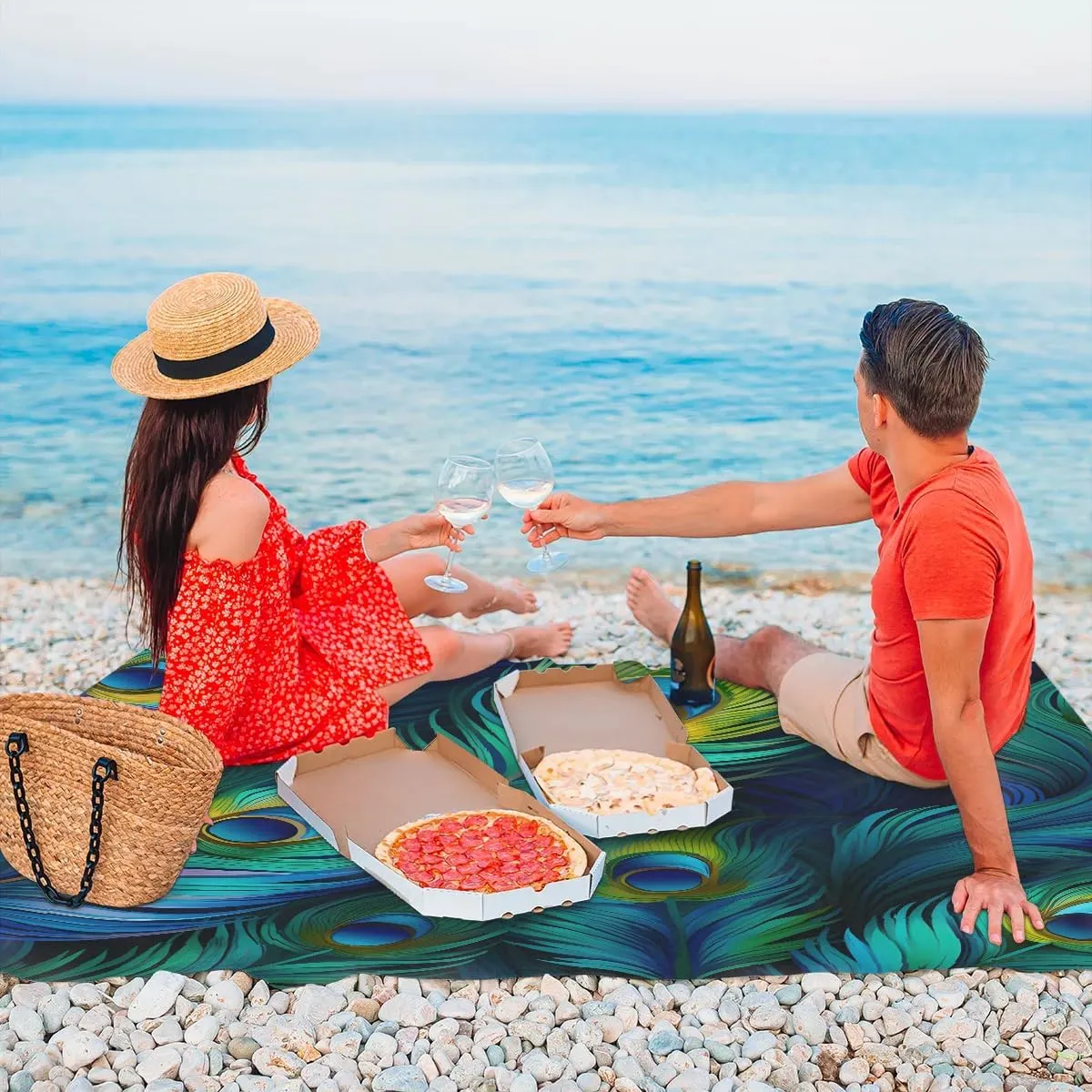 Beach Blanket, Colorful Feather Sandproof Beach Mat, Waterproof Quick Drying Sand Free Mat with 4 x Ground Spikes for Outdoor Travel Camping Hiking, Peacock 68 x 59 in