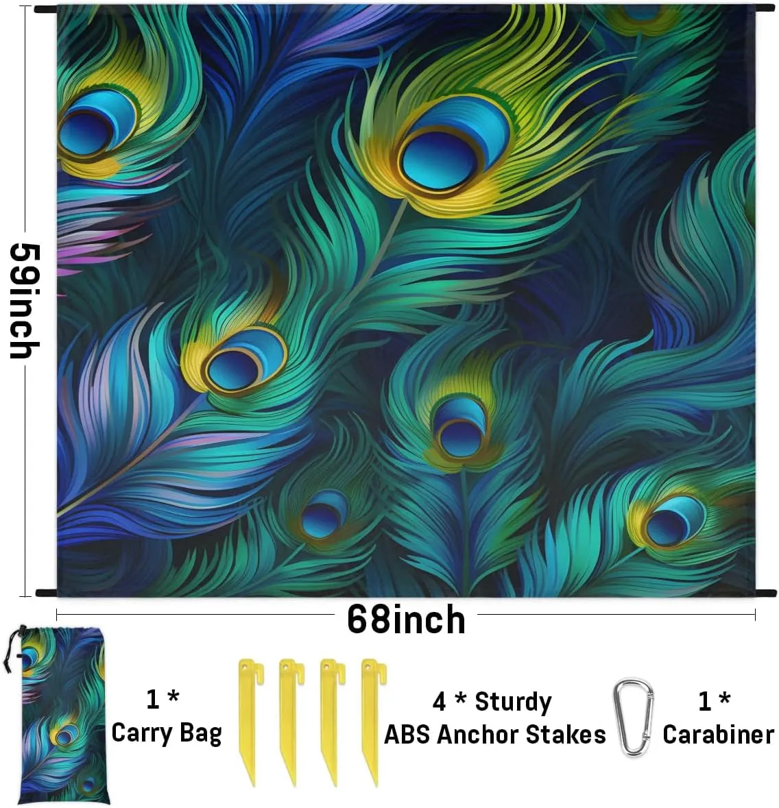 Beach Blanket, Colorful Feather Sandproof Beach Mat, Waterproof Quick Drying Sand Free Mat with 4 x Ground Spikes for Outdoor Travel Camping Hiking, Peacock 68 x 59 in