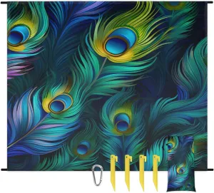 Beach Blanket, Colorful Feather Sandproof Beach Mat, Waterproof Quick Drying Sand Free Mat with 4 x Ground Spikes for Outdoor Travel Camping Hiking, Peacock 68 x 59 in