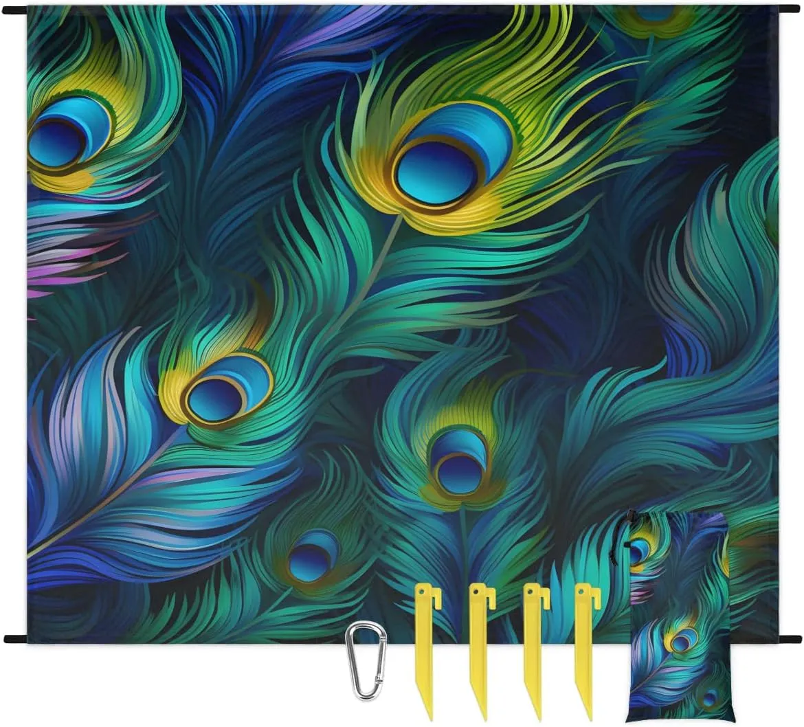 Beach Blanket, Colorful Feather Sandproof Beach Mat, Waterproof Quick Drying Sand Free Mat with 4 x Ground Spikes for Outdoor Travel Camping Hiking, Peacock 68 x 59 in