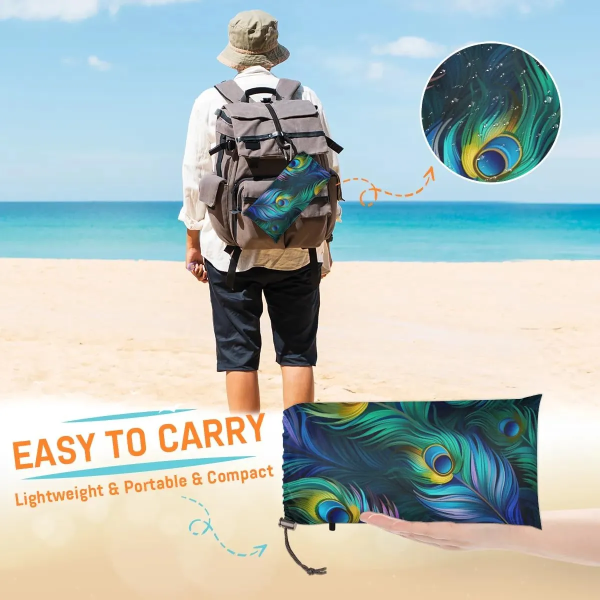 Beach Blanket, Colorful Feather Sandproof Beach Mat, Waterproof Quick Drying Sand Free Mat with 4 x Ground Spikes for Outdoor Travel Camping Hiking, Peacock 68 x 59 in