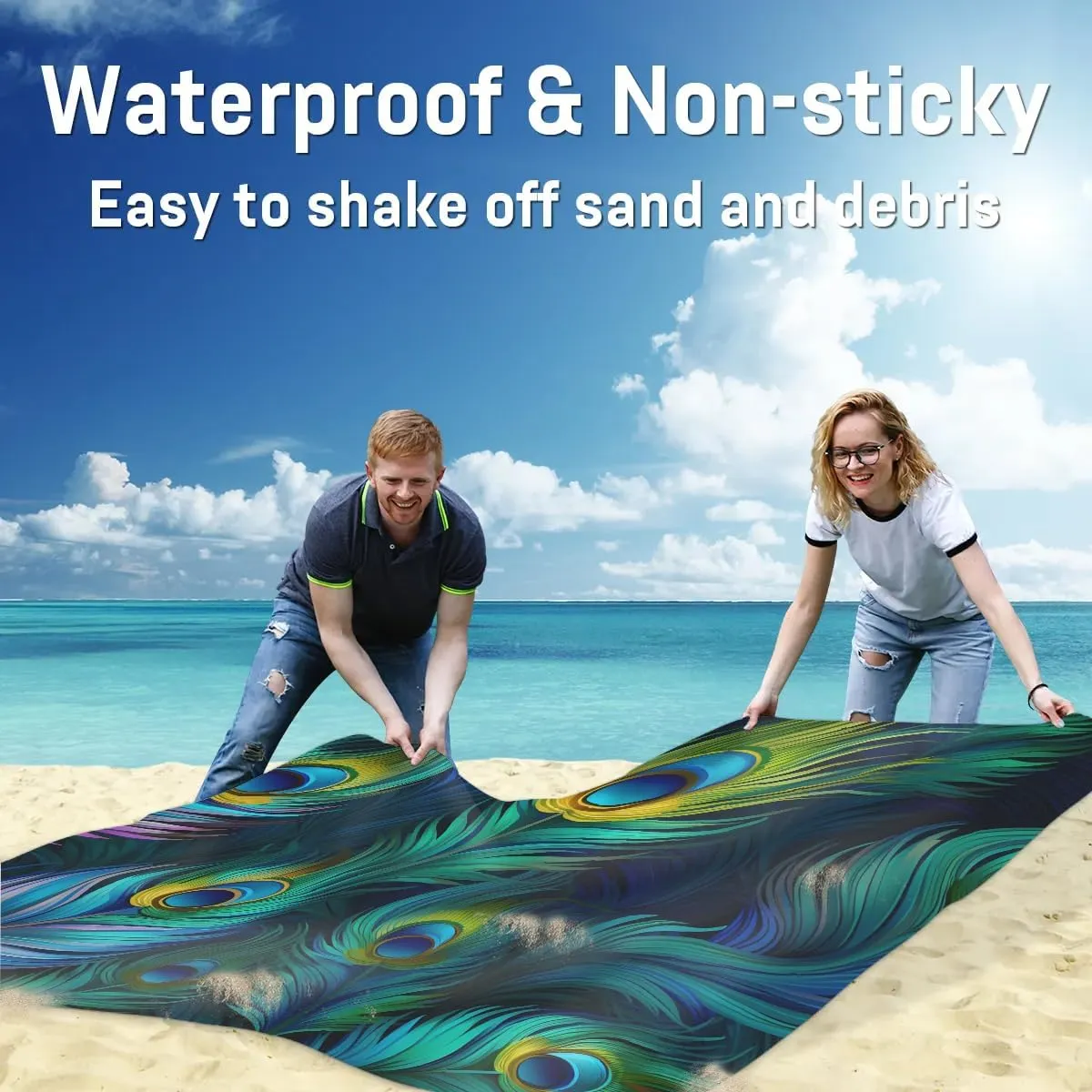 Beach Blanket, Colorful Feather Sandproof Beach Mat, Waterproof Quick Drying Sand Free Mat with 4 x Ground Spikes for Outdoor Travel Camping Hiking, Peacock 68 x 59 in