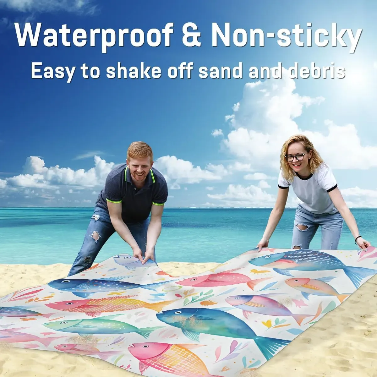 Beach Blanket, Colorful Fish Sandproof Beach Mat, Waterproof Quick Drying Sand Free Mat with 4 x Ground Spikes for Outdoor Travel Camping Hiking, Tropical Fishes 68 x 59 in