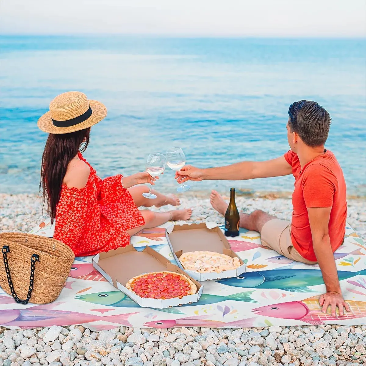 Beach Blanket, Colorful Fish Sandproof Beach Mat, Waterproof Quick Drying Sand Free Mat with 4 x Ground Spikes for Outdoor Travel Camping Hiking, Tropical Fishes 68 x 59 in