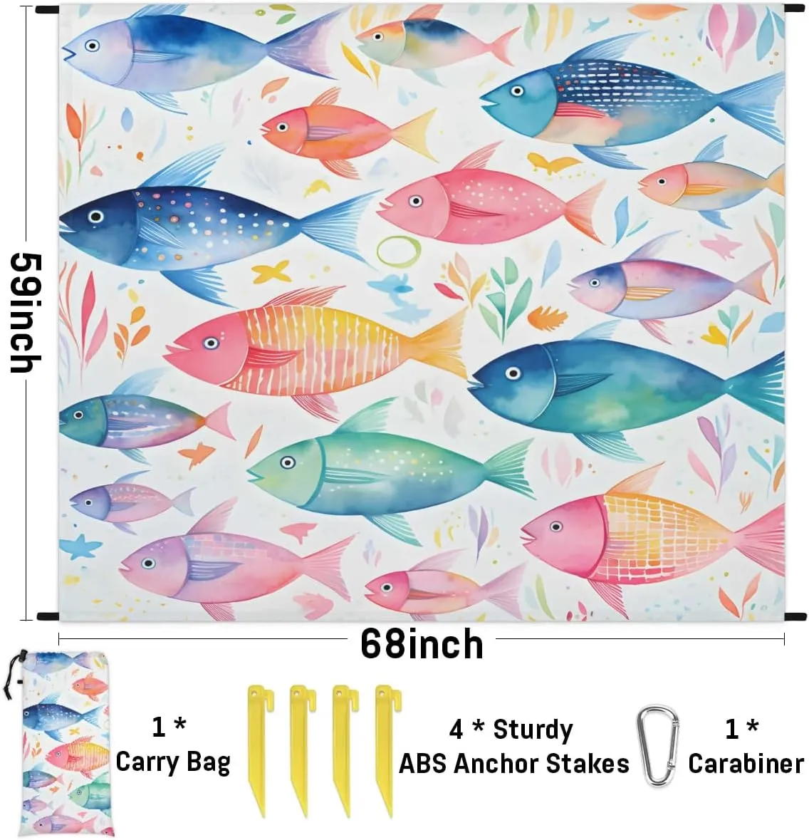 Beach Blanket, Colorful Fish Sandproof Beach Mat, Waterproof Quick Drying Sand Free Mat with 4 x Ground Spikes for Outdoor Travel Camping Hiking, Tropical Fishes 68 x 59 in