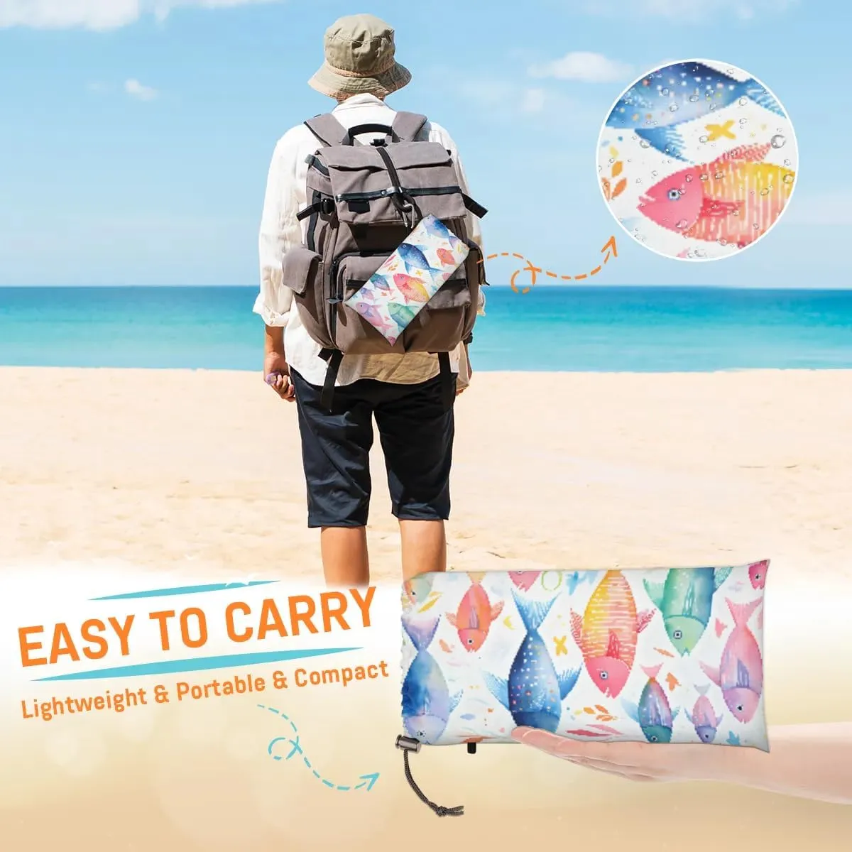 Beach Blanket, Colorful Fish Sandproof Beach Mat, Waterproof Quick Drying Sand Free Mat with 4 x Ground Spikes for Outdoor Travel Camping Hiking, Tropical Fishes 68 x 59 in