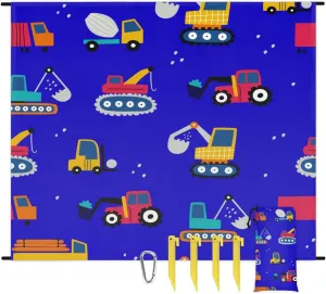 Beach Blanket, Construction Truck Sandproof Beach Mat, Waterproof Quick Drying Sand Free Mat with 4 x Ground Spikes for Outdoor Travel Camping Hiking, Cartoon Car Tractor Cute 68 x 59 in