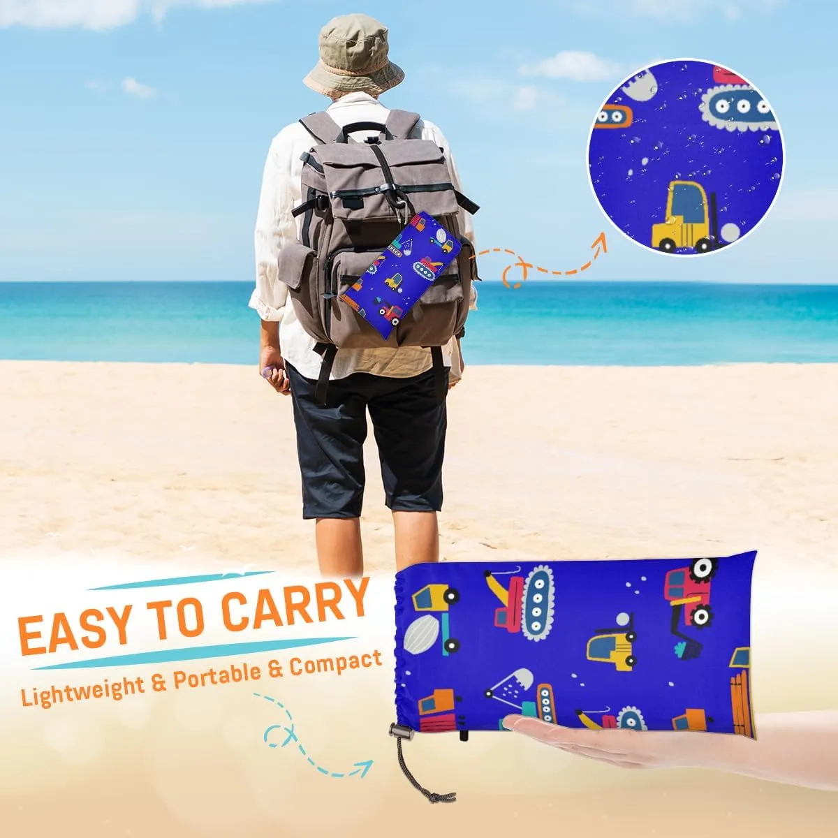Beach Blanket, Construction Truck Sandproof Beach Mat, Waterproof Quick Drying Sand Free Mat with 4 x Ground Spikes for Outdoor Travel Camping Hiking, Cartoon Car Tractor Cute 68 x 59 in