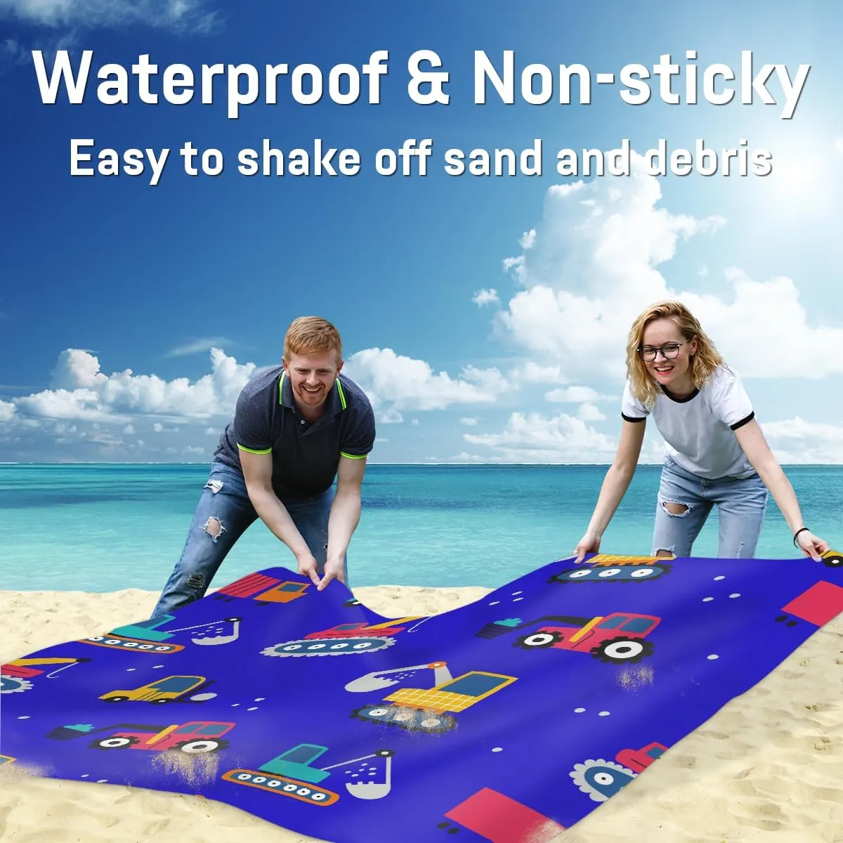 Beach Blanket, Construction Truck Sandproof Beach Mat, Waterproof Quick Drying Sand Free Mat with 4 x Ground Spikes for Outdoor Travel Camping Hiking, Cartoon Car Tractor Cute 68 x 59 in