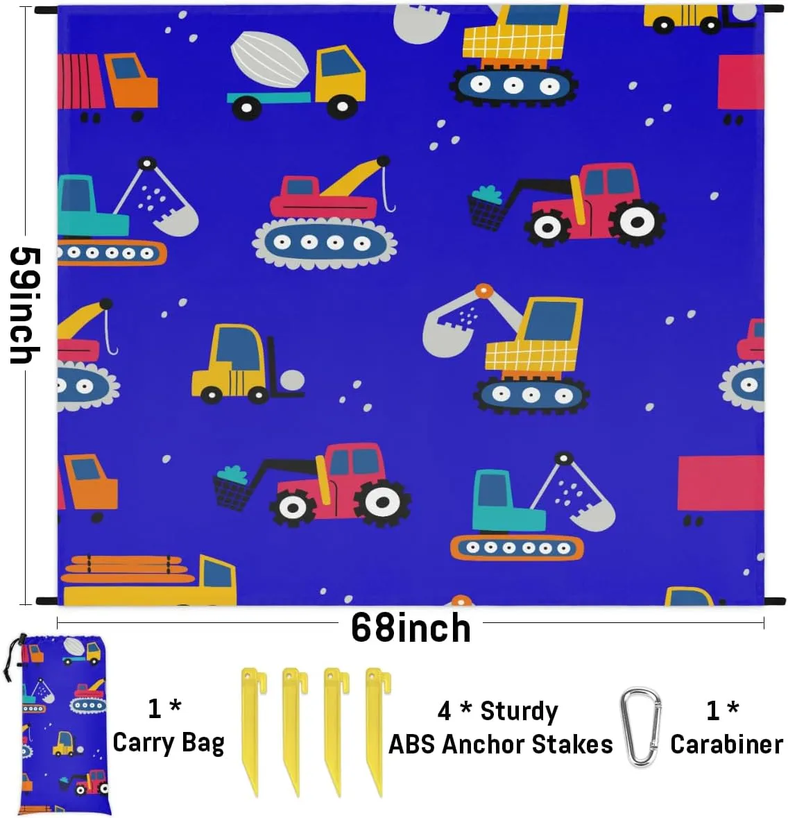 Beach Blanket, Construction Truck Sandproof Beach Mat, Waterproof Quick Drying Sand Free Mat with 4 x Ground Spikes for Outdoor Travel Camping Hiking, Cartoon Car Tractor Cute 68 x 59 in