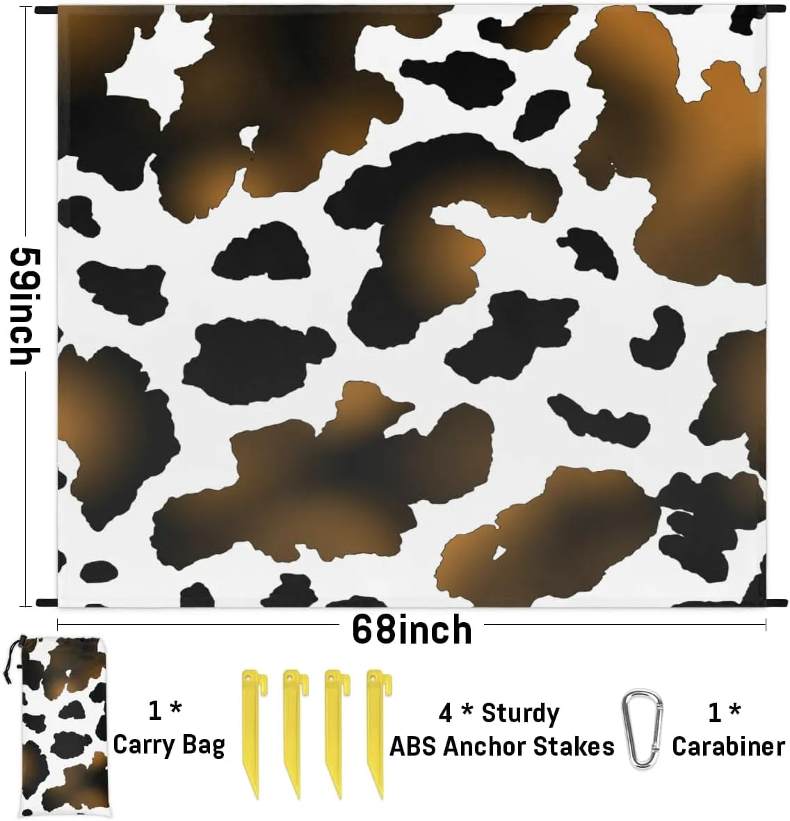 Beach Blanket, Cow Print Sandproof Beach Mat, Waterproof Quick Drying Sand Free Mat with 4 x Ground Spikes for Outdoor Travel Camping Hiking, Animal Print 68 x 59 in