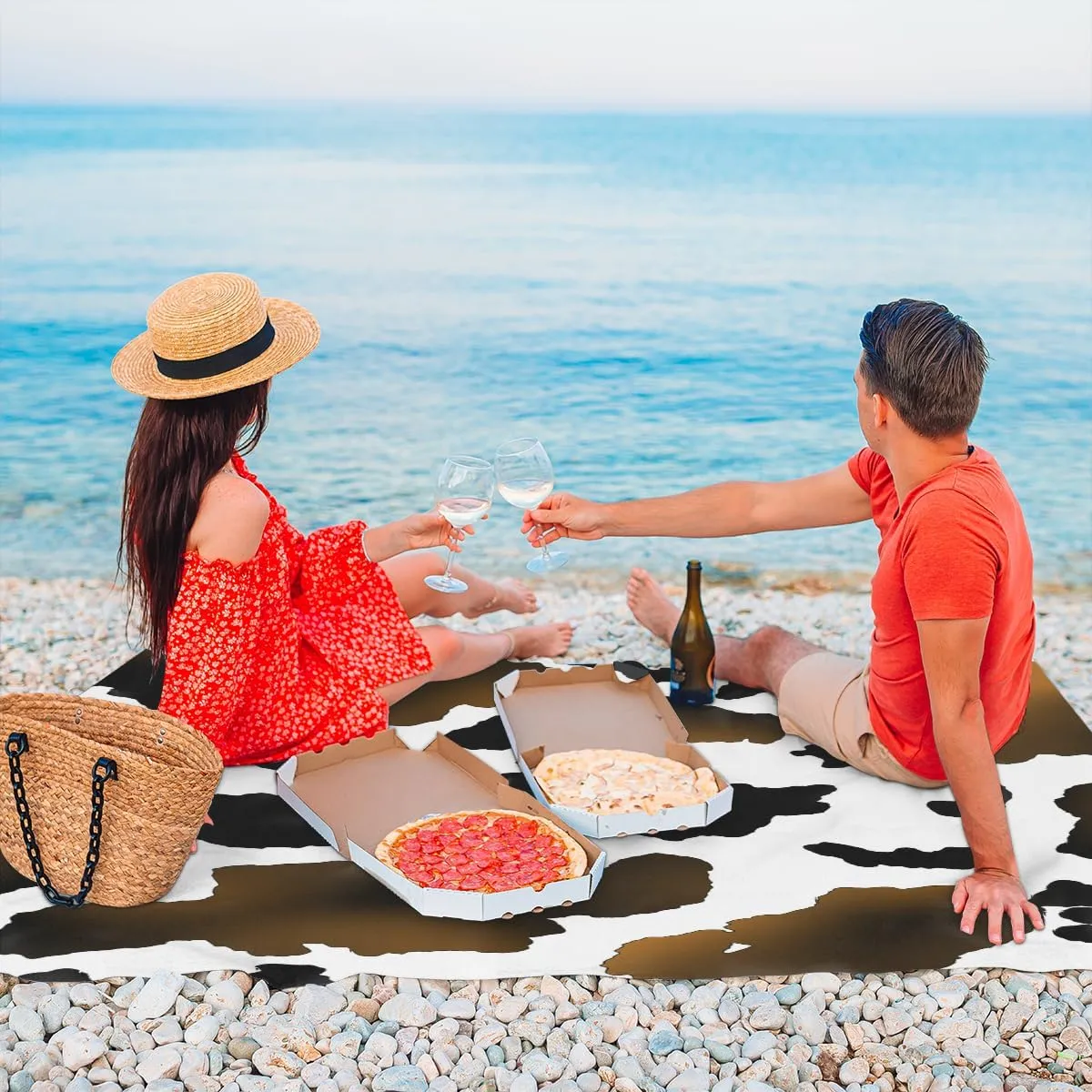 Beach Blanket, Cow Print Sandproof Beach Mat, Waterproof Quick Drying Sand Free Mat with 4 x Ground Spikes for Outdoor Travel Camping Hiking, Animal Print 68 x 59 in