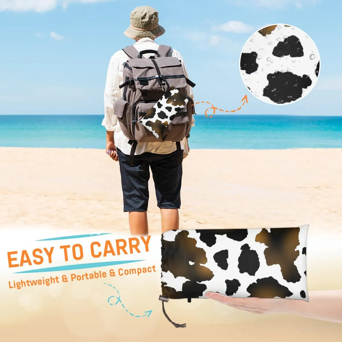 Beach Blanket, Cow Print Sandproof Beach Mat, Waterproof Quick Drying Sand Free Mat with 4 x Ground Spikes for Outdoor Travel Camping Hiking, Animal Print 68 x 59 in