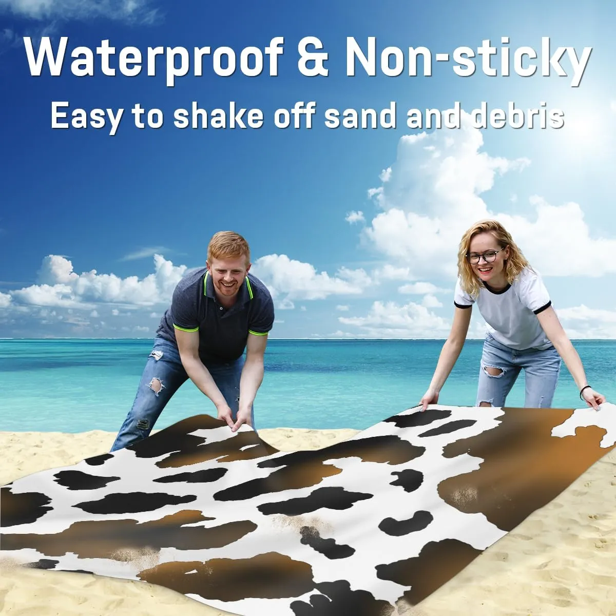 Beach Blanket, Cow Print Sandproof Beach Mat, Waterproof Quick Drying Sand Free Mat with 4 x Ground Spikes for Outdoor Travel Camping Hiking, Animal Print 68 x 59 in